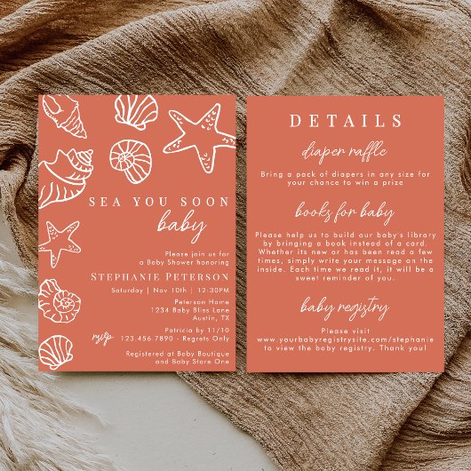 Terracotta Sea You Soon All In One Baby Shower 招待状