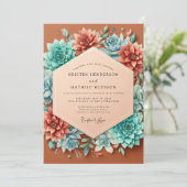 Terracotta Teal Succulent Wedding 招待状 (スタンド正面)
