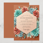 Terracotta Teal Succulent Wedding 招待状 (正面/裏面)
