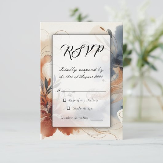  Terracotta Twilight and Navy Blooms Wedding 出欠カード (スタンド正面)