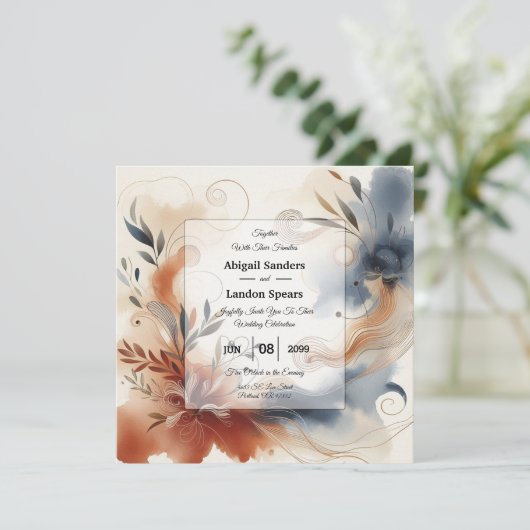 Terracotta Twilight and Navy Blooms Wedding 招待状 (スタンド正面)