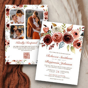 Terracotta Watercolor Floral Photo QR Code Wedding 招待状