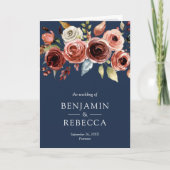 Terracotta Watercolor Floral QR Code Navy Wedding 招待状 (正面)