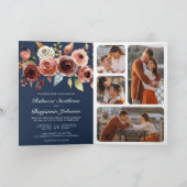 Terracotta Watercolor Floral QR Code Navy Wedding 招待状 (内部)