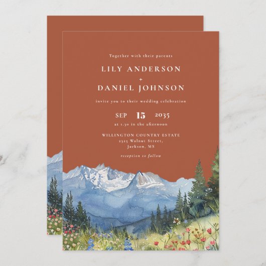 Terracotta Watercolor Mountain QR Code Wedding 招待状 (正面/裏面)