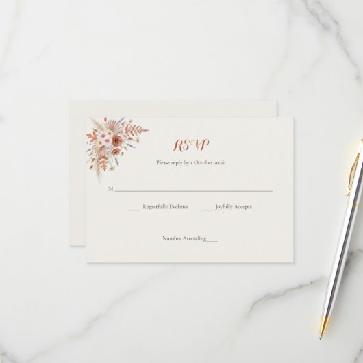 Terracotta Wildflower & Dried Palm Boho Wedding 出欠カード (正面/裏面インサイチュ)