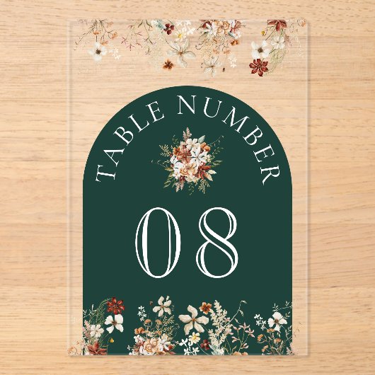 Terracotta Wildflower Emerald Acrylic Table Number アクリル招待状 (正面)