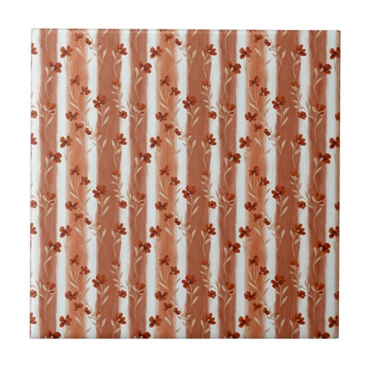Terracotta Wildflower Vertical Stripe Boho Pattern タイル (正面)