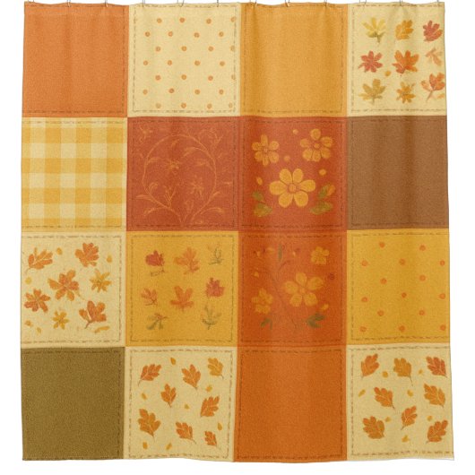 Terracotta Yellow Patchwork Quilt Rustic Farmhouse シャワーカーテン (正面)