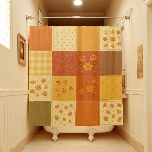 Terracotta Yellow Patchwork Quilt Rustic Farmhouse シャワーカーテン