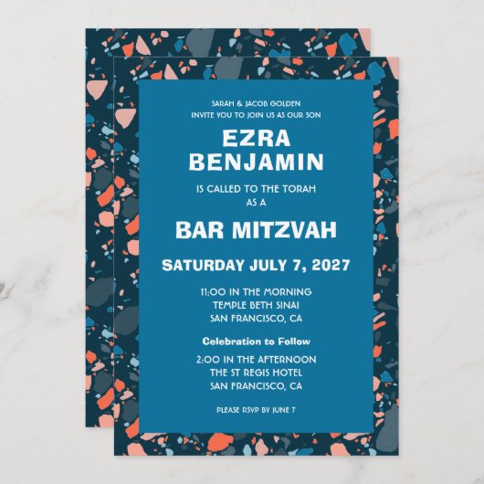 Terrazzo Hand Drawn Custom Bar Bat Mitzvah 招待状 (正面/裏面)