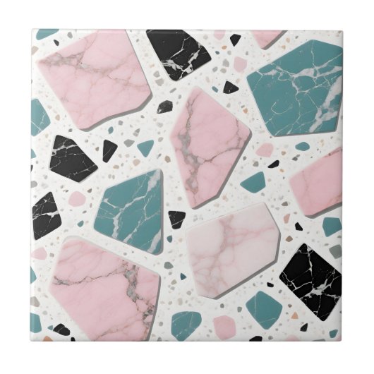 Terrazzo Marble Pastel Pink Teal Modern タイル (正面)