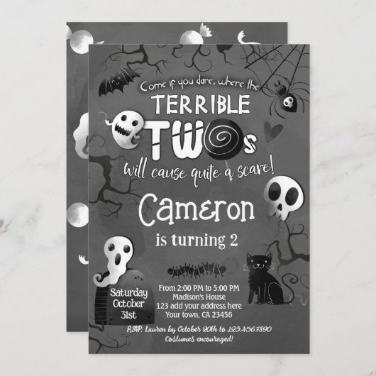 Terrible Two Black & White Spooktacular Halloween 招待状 (正面/裏面)