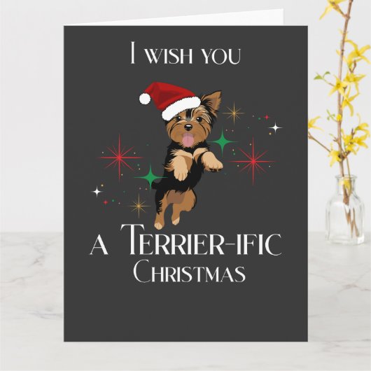 Terrier-ific Christmas Cute Dog Holiday Pun カード (黄色い花)