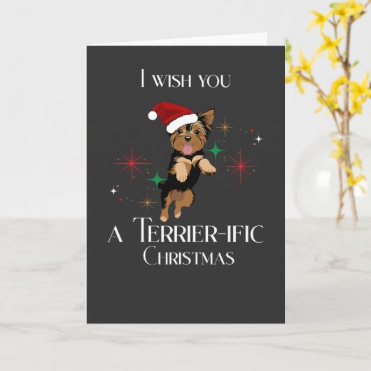 Terrier-ific Christmas Cute Dog Holiday Pun カード (黄色い花)