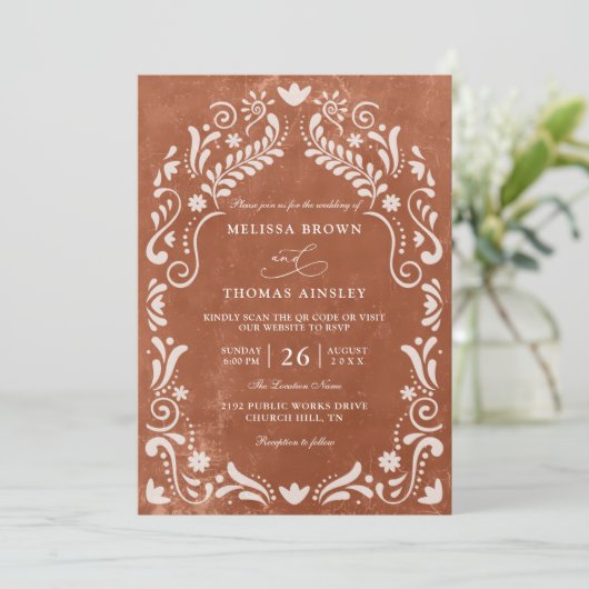 Terrocotta Papel Picado Budget QR Code Wedding 招待状 (スタンド正面)