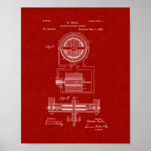 Tesla Electro-magnetic Motor Patent - Burgundy Red ポスター (正面)