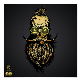 Tête de mort hipster skulls barbu et moustachu or ポスター