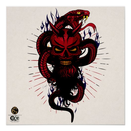 Tête de mort hipster skulls serpent tattoo diable ポスター (正面)