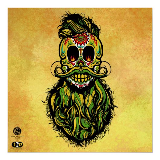 Tête de mort mexicaine hipster skulls barbu et mou ポスター (正面)