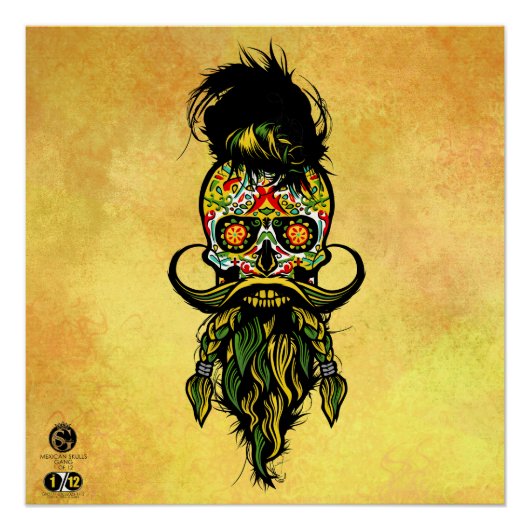 Tête de mort mexicaine hipster skulls barbu et mou ポスター (正面)