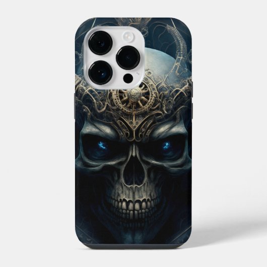 Teufel Totenkopf mit funkelnden blauen Augen iPhoneケース (裏面)