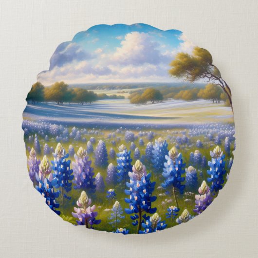 Texas Bluebonnet Meadow Landscape ラウンドクッション (正面)
