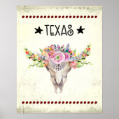 Texas Boho Cow Skull With Flowers Chic Trendy ポスター (正面)