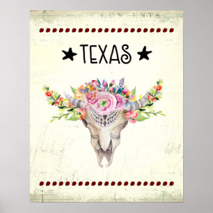 Texas Boho Cow Skull With Flowers Chic Trendy ポスター