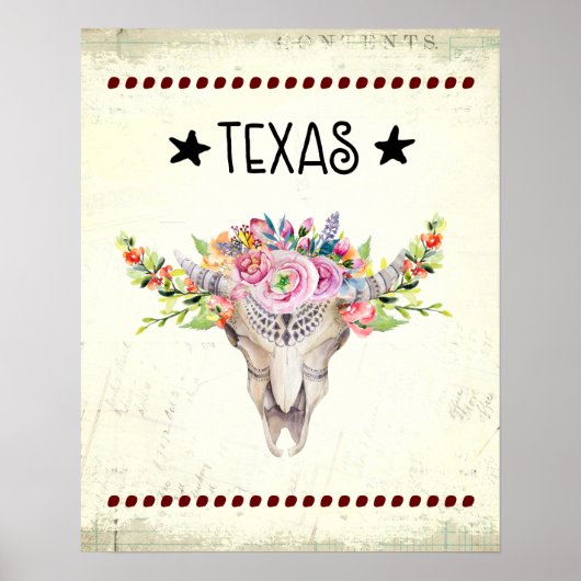 Texas Boho Cow Skull With Flowers Chic Trendy ポスター (正面)