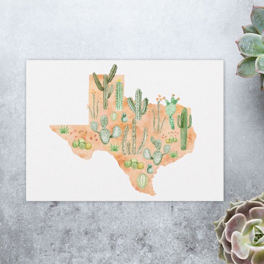 Texas Cactus Watercolor Illustration Map Flat カード