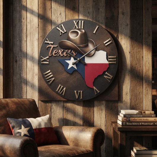 Texas Cowboy Hat Flag Leather ラージ壁時計