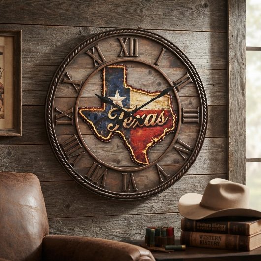 Texas Flag Wood Rustic Rope Trim ラージ壁時計