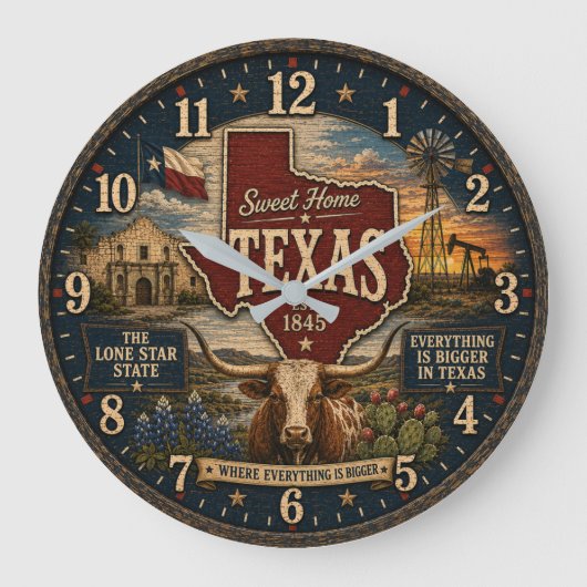 Texas Lone Star State RusticGift for Home Ranch ラージ壁時計 (正面)