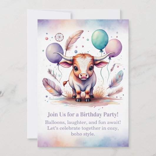Texas Long Calf Birthday Invitation Pastel Boho  招待状 (正面)