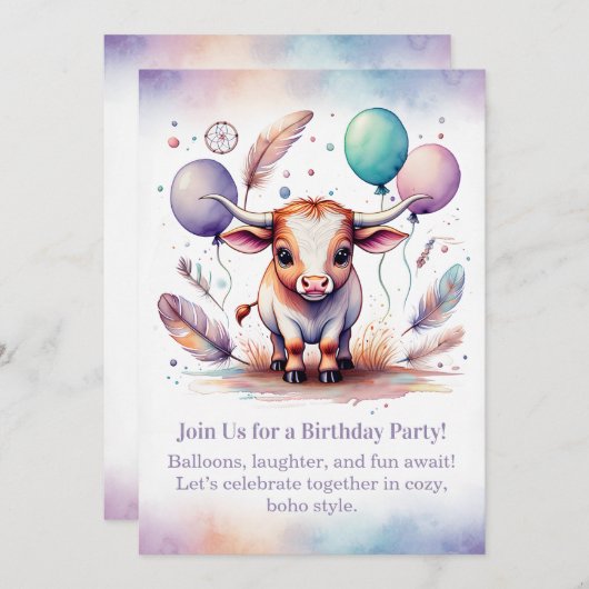 Texas Long Calf Birthday Invitation Pastel Boho  招待状 (正面/裏面)