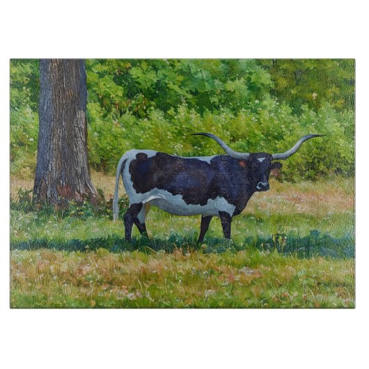 Texas Longhorn Cow Art Glass Cutting Board カッティングボード (正面)