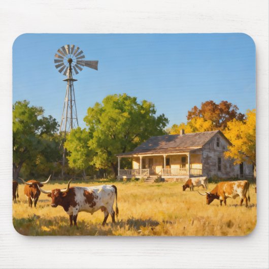 Texas Ranch House in Fall with Longhorns マウスパッド (正面)