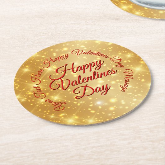 TEXT金ゴールドバレンタインデーのメッセージ ラウンドペーパーコースター (アングル)
