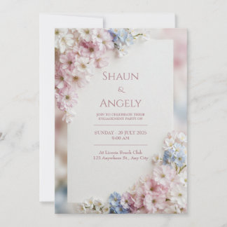 Textured Canvas Pink Blue Sakura Frame Wedding 招待状