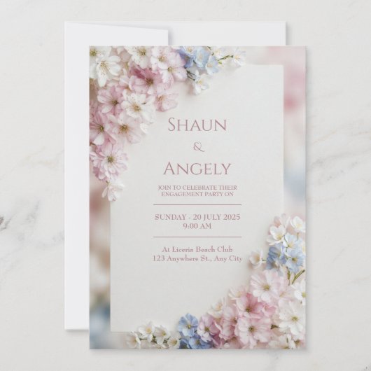 Textured Canvas Pink Blue Sakura Frame Wedding 招待状 (正面)