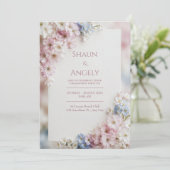 Textured Canvas Pink Blue Sakura Frame Wedding 招待状 (スタンド正面)