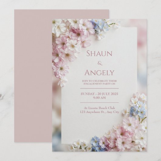 Textured Canvas Pink Blue Sakura Frame Wedding 招待状 (正面/裏面)