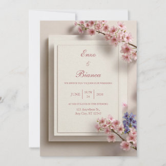 Textured Cream Pink Sakura Botanical Frame Wedding 招待状