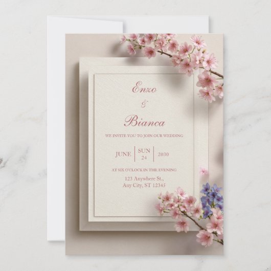 Textured Cream Pink Sakura Botanical Frame Wedding 招待状 (正面)