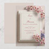 Textured Cream Pink Sakura Botanical Frame Wedding 招待状 (正面/裏面)