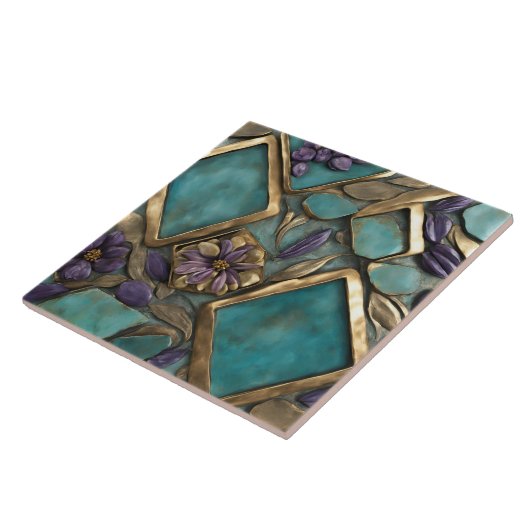 Textured Floral Artwork in Turquoise and Gold タイル (側面)