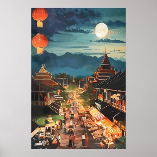 Thai Night Market Art Print Moonlit Bangkok Street ポスター (正面)