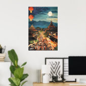Thai Night Market Art Print Moonlit Bangkok Street ポスター (ホームオフィス)