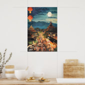 Thai Night Market Art Print Moonlit Bangkok Street ポスター (キッチン)